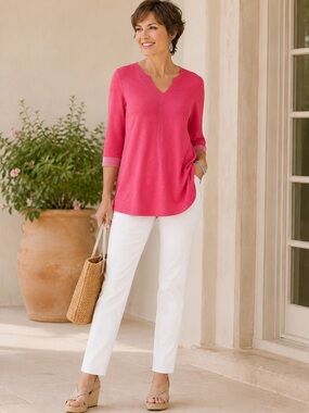 Chico’s Watermelon Pink V-Neck Tunic Top‎ 3/4 Sleeve Textured Knit Casual Chic